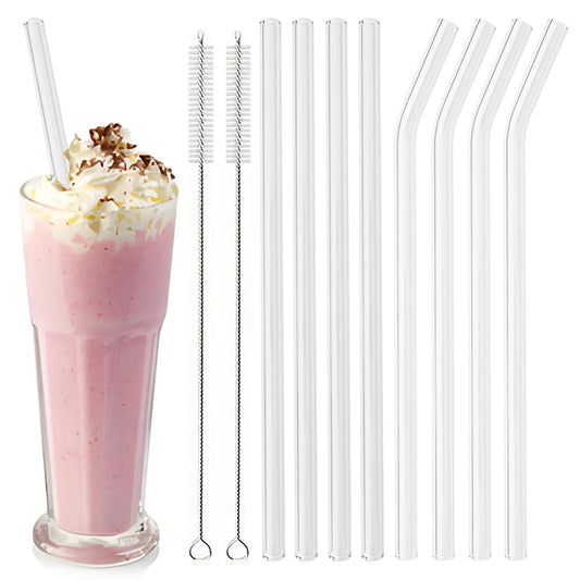 2/4/8 pièces pailles en verre ensemble avec brosse de nettoyage 200*8mm paille à boire haute teneur en Borosilicate paille en verre courbé maison fête Bar Drinkware