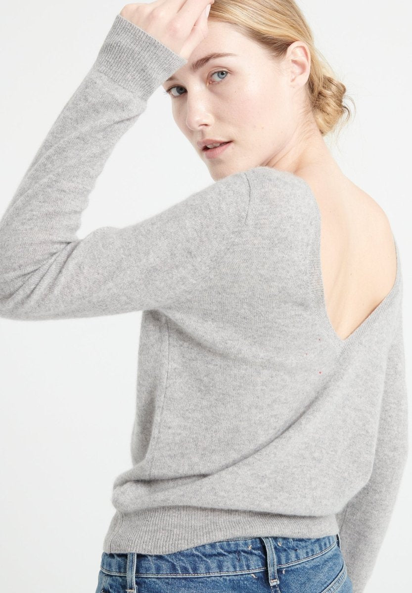 Pull col V cachemire gris clair femme - MIA 7-1