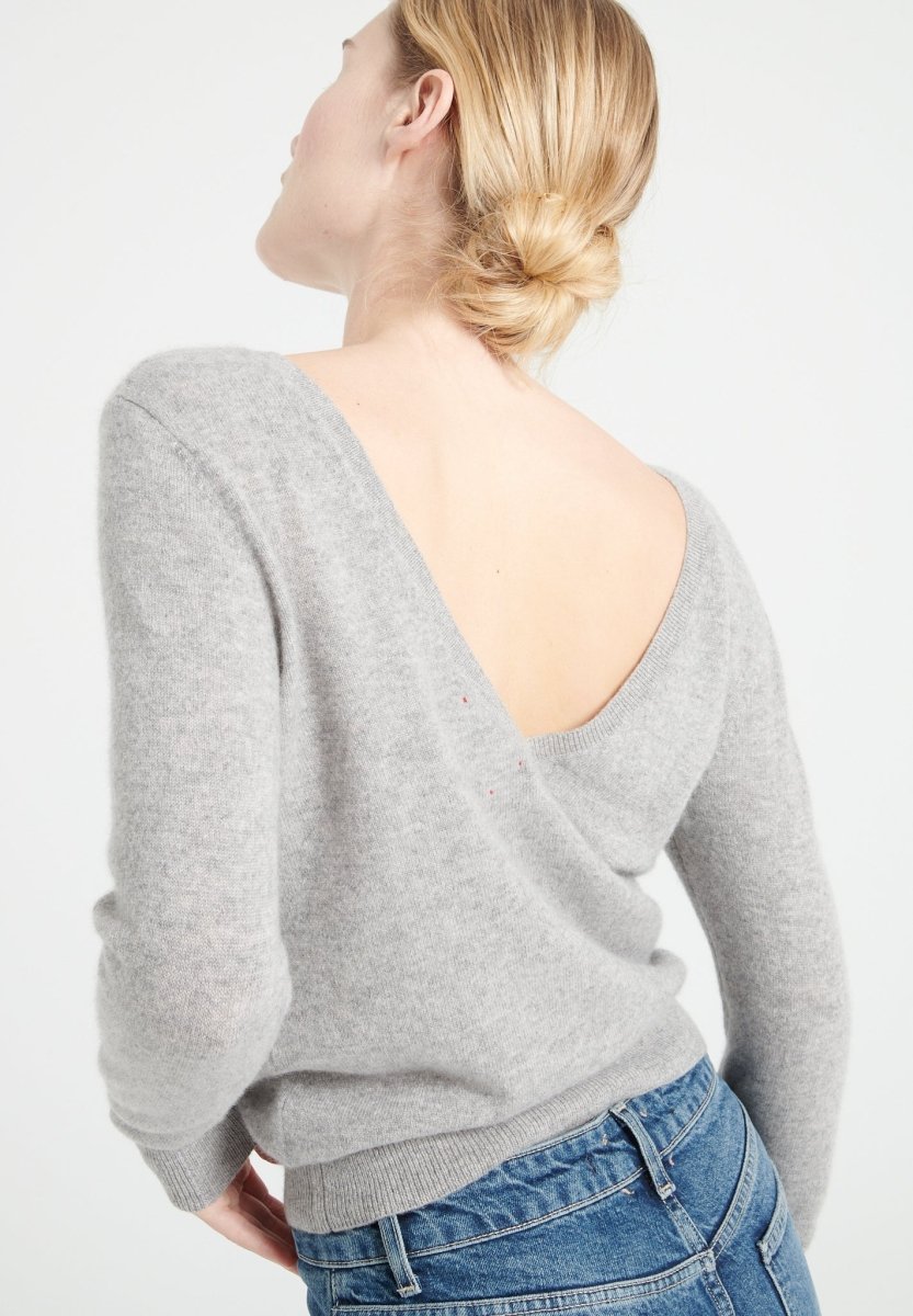 Pull col V cachemire gris clair femme - MIA 7-0